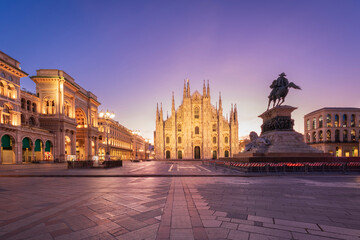 Fototapeta na wymiar Duomo , Milan gothic cathedral at sunrise,Europe.Horizontal photo with copy-space.