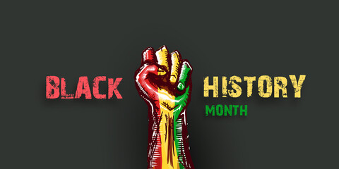 Obraz premium Black history month horizontal banner with protest raised fist colored in African flag isolated on grey background. Black history month horizontal poster, flyer with black mans fist
