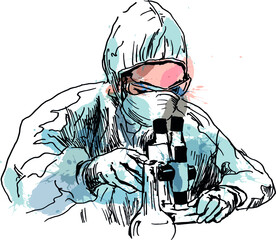 Colored hand sketch of a scientist at work. Vector illustration.