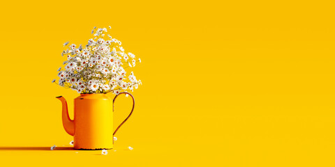 Bouquet of fresh chamomile in old yellow tea pot on vivid yellow spring background 3D Rendering, 3D Illustration