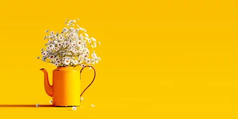  Bouquet of fresh chamomile in old yellow tea pot on vivid yellow spring background 3D Rendering, 3D Illustration © hd3dsh