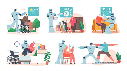 Set of Cyborg Help Old People, Mechanical Caregiver Assist to Disabled Senior Characters, Walk, Giving Medicine, Massage