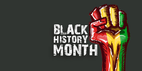 Black history month horizontal banner with protest raised fist colored in African flag isolated on grey background. Black history month horizontal poster, flyer with black mans fist