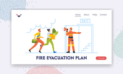 Obraz na płótnie Canvas Fire Evacuation Plan Landing Page Template. Hazard at Office Workplace. Fireman with Megaphone Announce Fire Emergency