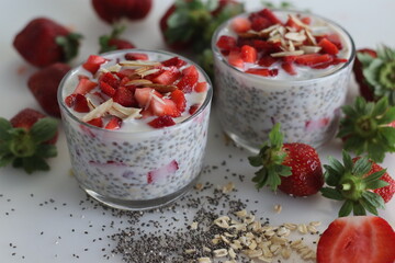 Overnight oats with chia seeds and strawberries. A healthy breakfast