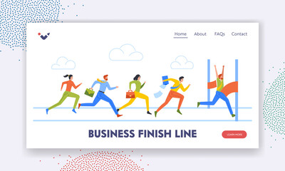 Teamwork, Challenge Landing Page Template. Business People Characters Run, Following Businessman Crossing Finish Line