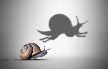 Aspiration metaphor and inner power concept as a symbol for the motivational feeling to aspire to great skill as a slow snail with a shadow of a fast cheetah shape - obrazy, fototapety, plakaty