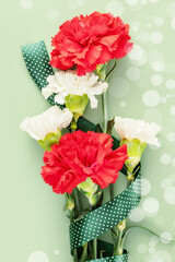 Red and white carnations with gift ribbon and bokeh effect