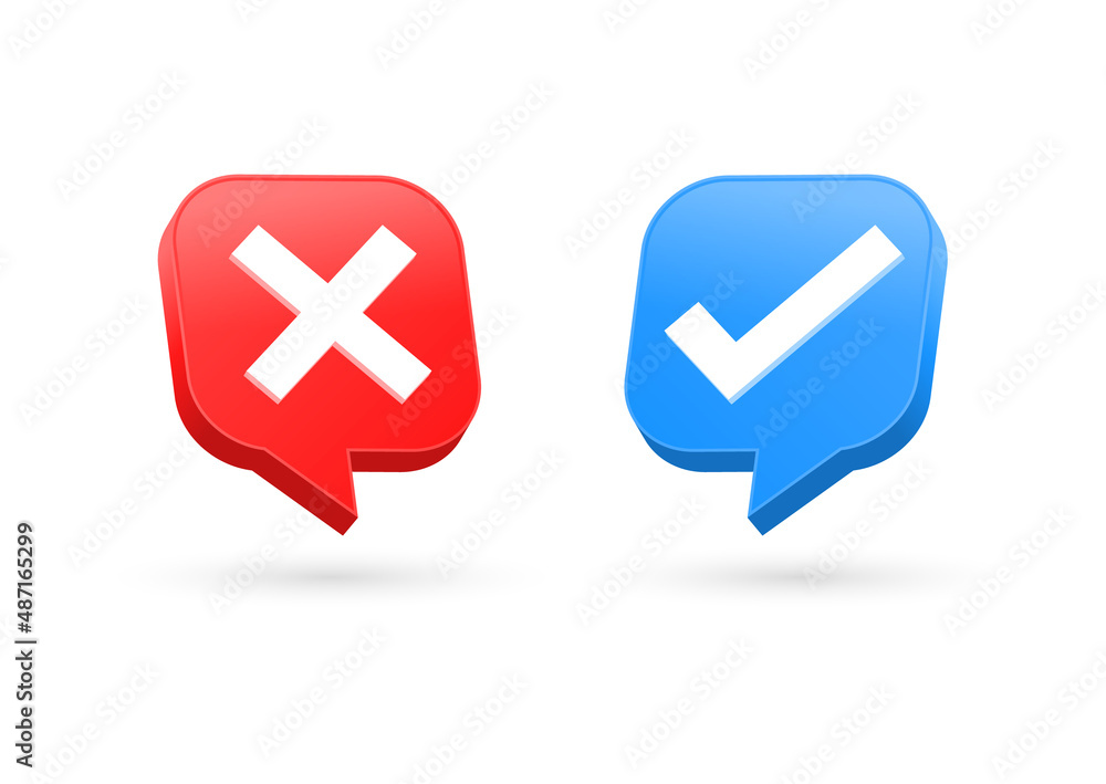 Poster 3d check mark icon button in speech bubble - correct and incorrect sign or green tick and red cross checkmark icons
