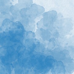 Blue digital watercolor with splash, stain texture. Soft gradient background. Square backdrop to use for invitation, greeting cards, posters, montage, overlay or banners.	