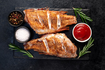 grilled red sea bass with rosemary and spices on a stone background 