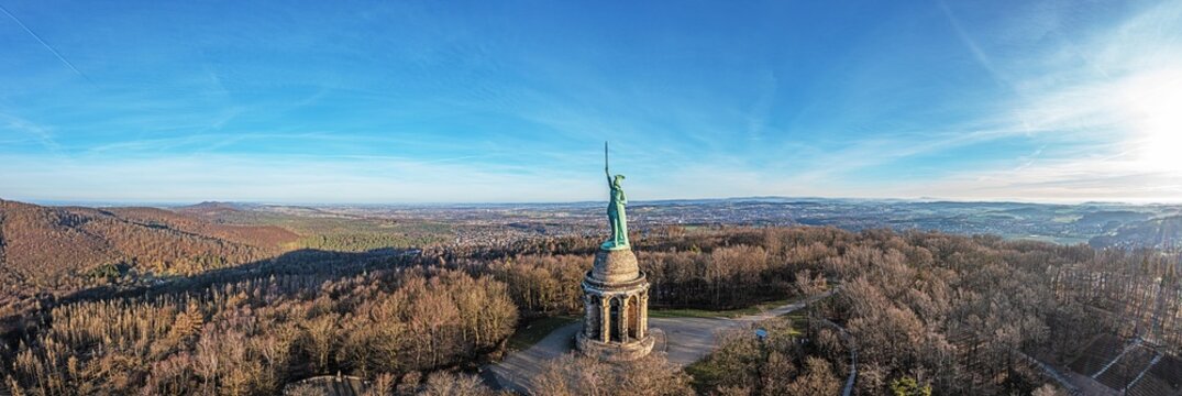 Drone image of Arminius monument in Teutoburg Forest near German city Detmold taken in morning time