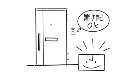 置き配OKイラスト。塗りなし/アウトライン,玄関ドアと荷物。商品購入/フリマアプリ/ネット注文、宅急便、配送イメー