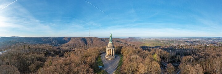 Drone image of Arminius monument in Teutoburg Forest near German city Detmold taken in morning time - obrazy, fototapety, plakaty