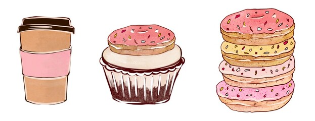 Cup of coffee with cupcakes and donuts. Cartoon style isolated on white background