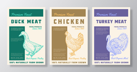 Obraz premium Premium Finest Poultry Meat Vector Packaging Product Label Design Collection Retro Typography and Hand Drawn Duck, Chicken, Turkey Sketch Silhouettes Background Layouts Set