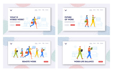 Obraz na płótnie Canvas Hybrid Work Landing Page Template Set . Remote Work After Covid Crisis, Employee Characters Choice to Work Remotely