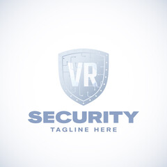 Obraz premium Virtual Reality Security Abstract Vector Sign, Symbol, Logo Template. Digital Space Safety Circuit Shield Guard. VR Cyberspace Protective Technology Emblem Isolated