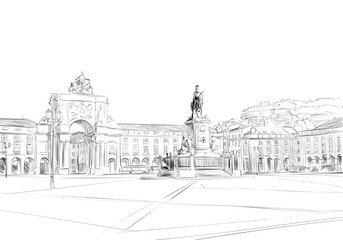 Triumphal Arch on the Rua Augusta. Pras&aacute; do Comercio. Lisbon. Portugal. Europe. Hand drawn vector illustration.
