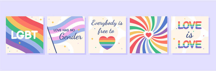 Flat vector banner set with LGBTQ equality symbols for gay or lesbian rights. Poster with LGBT rainbow flag, heart and love. Colorful social media post template. Cards for pride month. Gender identity - obrazy, fototapety, plakaty
