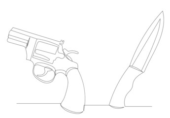 gun and knife one line drawing, isolated, vector