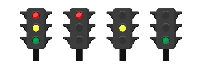 Sets of LED traffic lights showing red, yellow or green light. Vector