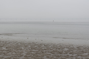 View over the muddy beach and shallow waters of the Atlantic Ocean in Lisbon, Portugal on a foggy day.