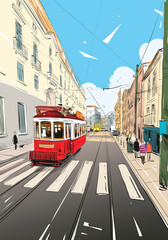 Fototapeta na wymiar Tram in the street of Lisbon. Portugal. Europe. Hand drawn vector illustration.