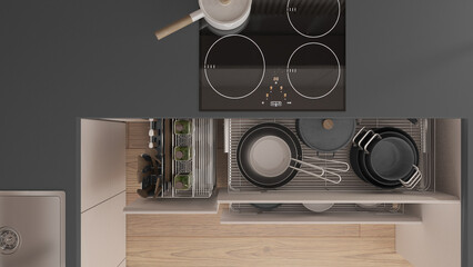 Gray and wooden kitchen close up with open drawers with plates, pots, bottles, wooden spoons and accessories. Sink, induction hob with pan. Top view, plan, above, interior design