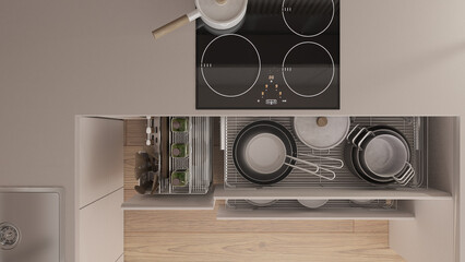 Beige and wooden kitchen close up with open drawers with plates, pots, bottles, wooden spoons and accessories. Sink, induction hob with pan. Top view, plan, above, interior design