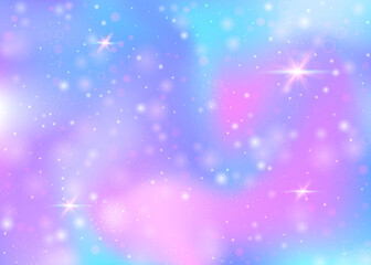 Fototapeta premium Holographic background with rainbow mesh. Multicolor universe banner in princess colors. Fantasy gradient backdrop with hologram. Holographic magic background with fairy sparkles, stars and blurs.