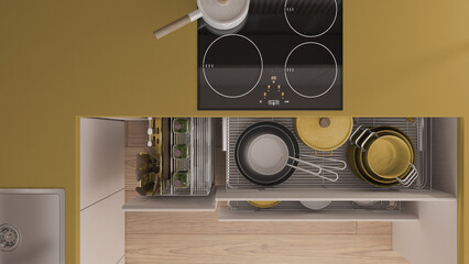 Yellow and wooden kitchen close up with open drawers with plates, pots, bottles, wooden spoons and accessories. Sink, induction hob with pan. Top view, plan, above, interior design