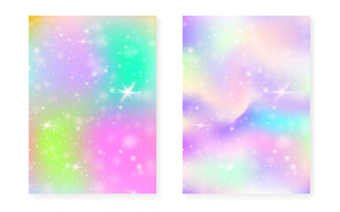 Rainbow background with kawaii princess gradient. Magic unicorn hologram.