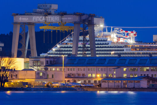 Monfalcone, Italy - March 27, 2018: Carnival Horizon giant cruise ship in the Monfalcone shipyard the evening before its delivery