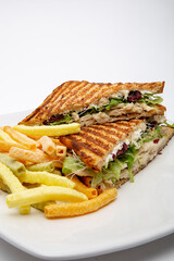 Delicious tuna sandwich with blueberry salad and multicolored potatoes, all on white background.