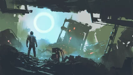 Rolgordijnen Een dystopische scène met een futuristische man staat in de verwoeste stad, digitale kunststijl, illustratie, schilderkunst © grandfailure
