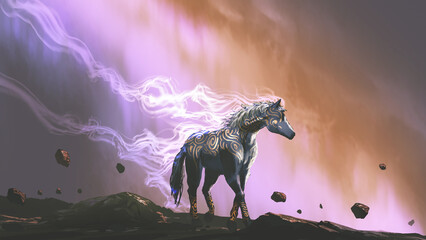 The magic horse standing alone against the colorful night sky, digital art style, illustration painting © grandfailure