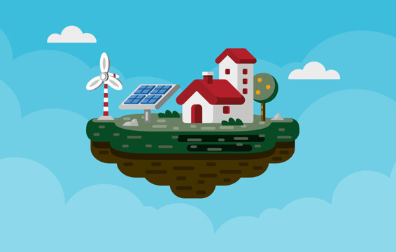 Self-Sufficiency Electric Power Concept. Eco-Friendly House on Floating Island Connected to Solar Panels. Autonomous Power Sustainable Energy Ecosystem. Flat Design. Editable Vector.