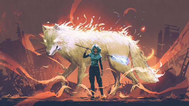 Fototapeta A woman with a magic spear standing in front of her guardian wolf, digital art style, illustration painting
