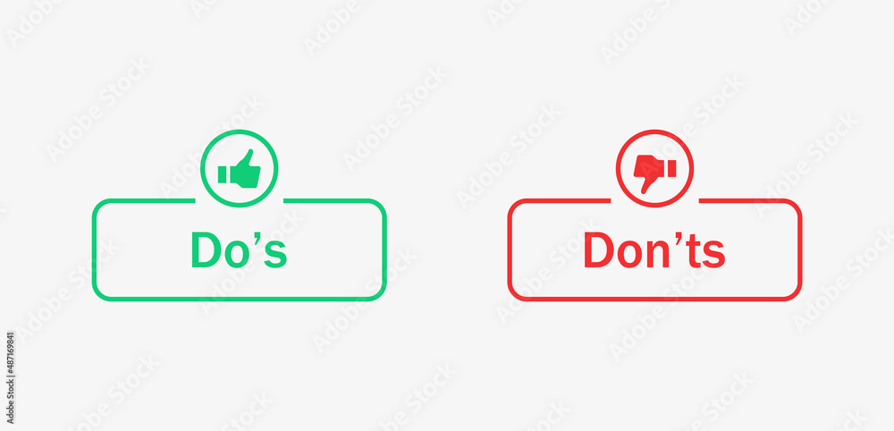 Poster Dos and donts icons in line frame - thumbs up or thumb down. Like or dislike - do's and don'ts frames - true or false - Dos and dont in outline frame
