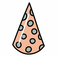 Festive triangular birthday cap with polka dots. Hand drawn vector illustration in doodle style. Isolated element on a transparent background