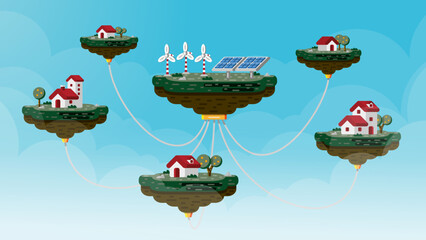 Self-Sufficiency Concept. Floating Islands Connected to Solar and Wind Power Sustainable Energy Ecosystem. 
