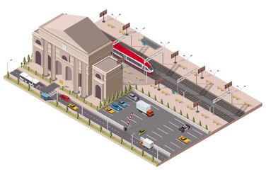 Vector isometric infographic element or icon. low poly railway public train station building with trains, platform, parking and related infrastructure. - 487169878