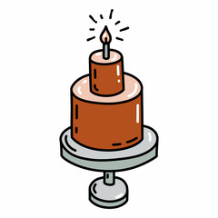 Festive birthday cake with a candle. Hand drawn vector illustration in doodle style. Isolated element on a transparent background