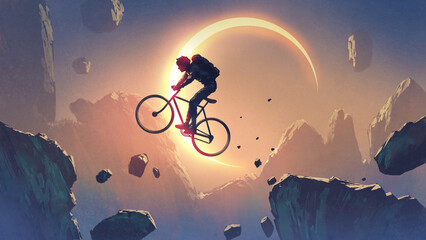A cyclist crossing a cliff against the sky with solar eclipse, digital art style, illustration painting - obrazy, fototapety, plakaty
