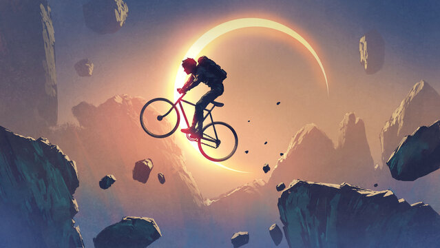 Fototapeta A cyclist crossing a cliff against the sky with solar eclipse, digital art style, illustration painting