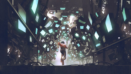 Cyberpunk-concept met een man die langs een futuristisch pad loopt vol monitoren, digitale kunststijl, illustratie, schilderkunst
