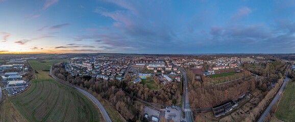 Drone panorama over German spa town Bad Arolsen in northern Hesse during sunset