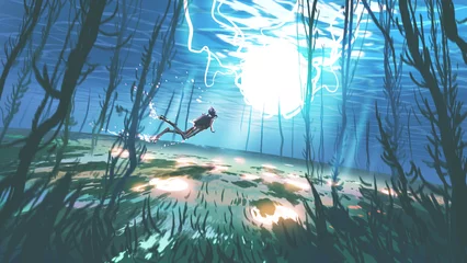 Rolgordijnen Duiker ontdekt een enorme gloeiende bol onder de zee, digitale kunststijl, illustratie schilderij © grandfailure