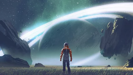 Keuken foto achterwand Grandfailure Sci-fi-scène met futuristische man die in een veld staat en naar de planeet kijkt met gigantische ringen, digitale kunststijl, illustratie, schilderkunst